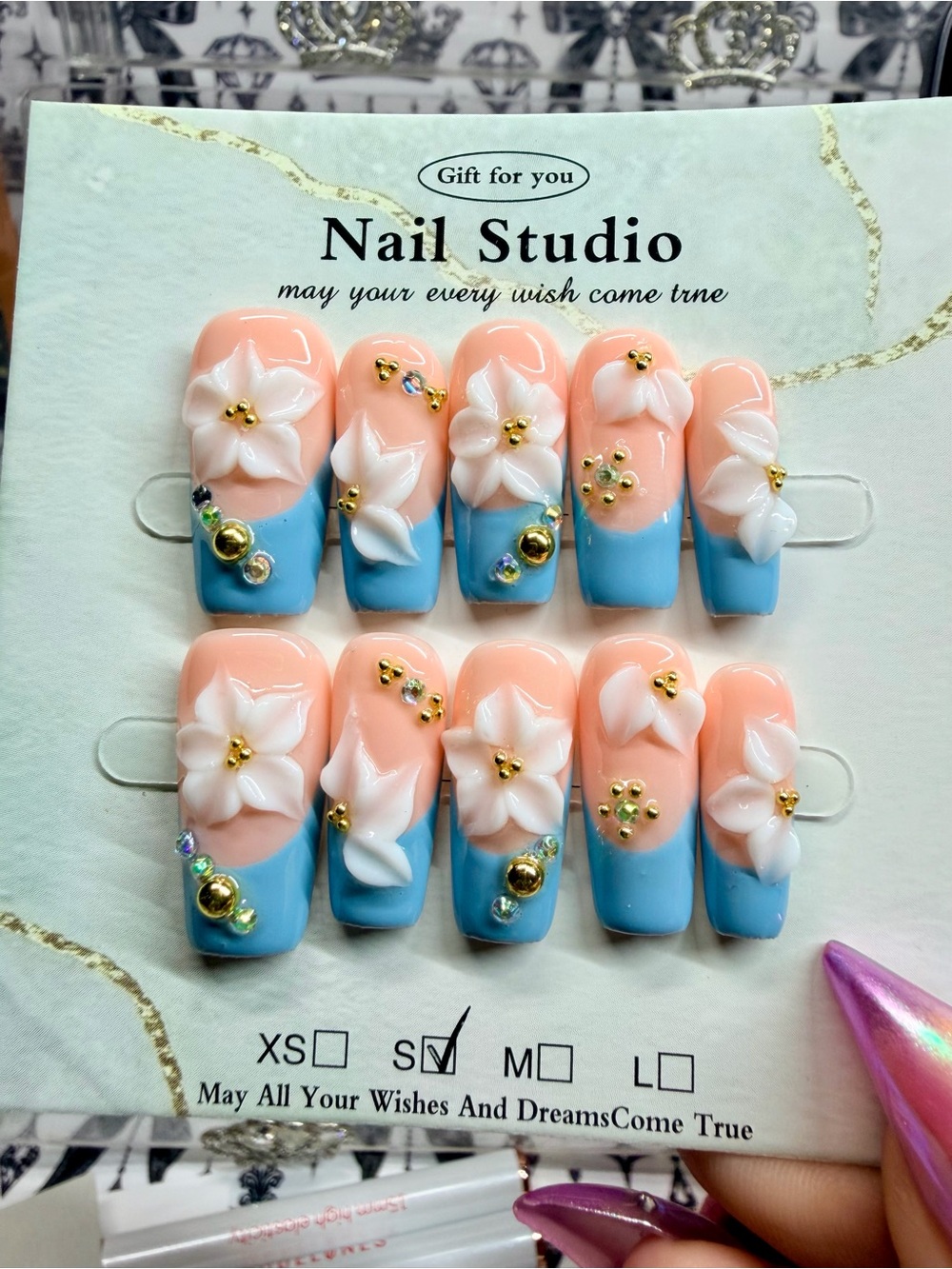 Peach & Blue Floral Press-On Nails